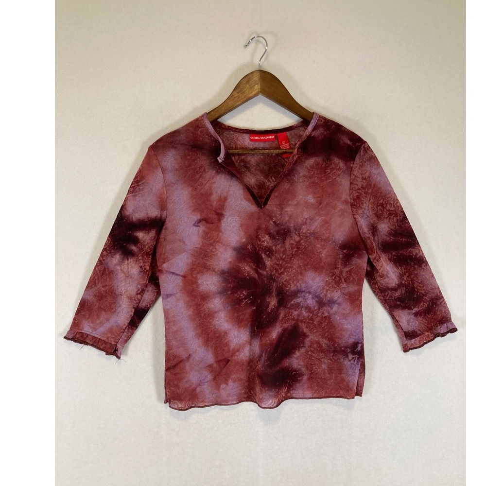 Boho Art to Wear Gloria Vanderbilt Women PL Burgundy Tie Dye Mesh 3/4 Sleeve Top
